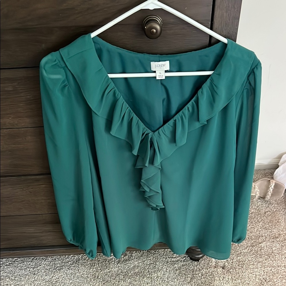 JCrew Green Ruffled Bib Collar Blouse